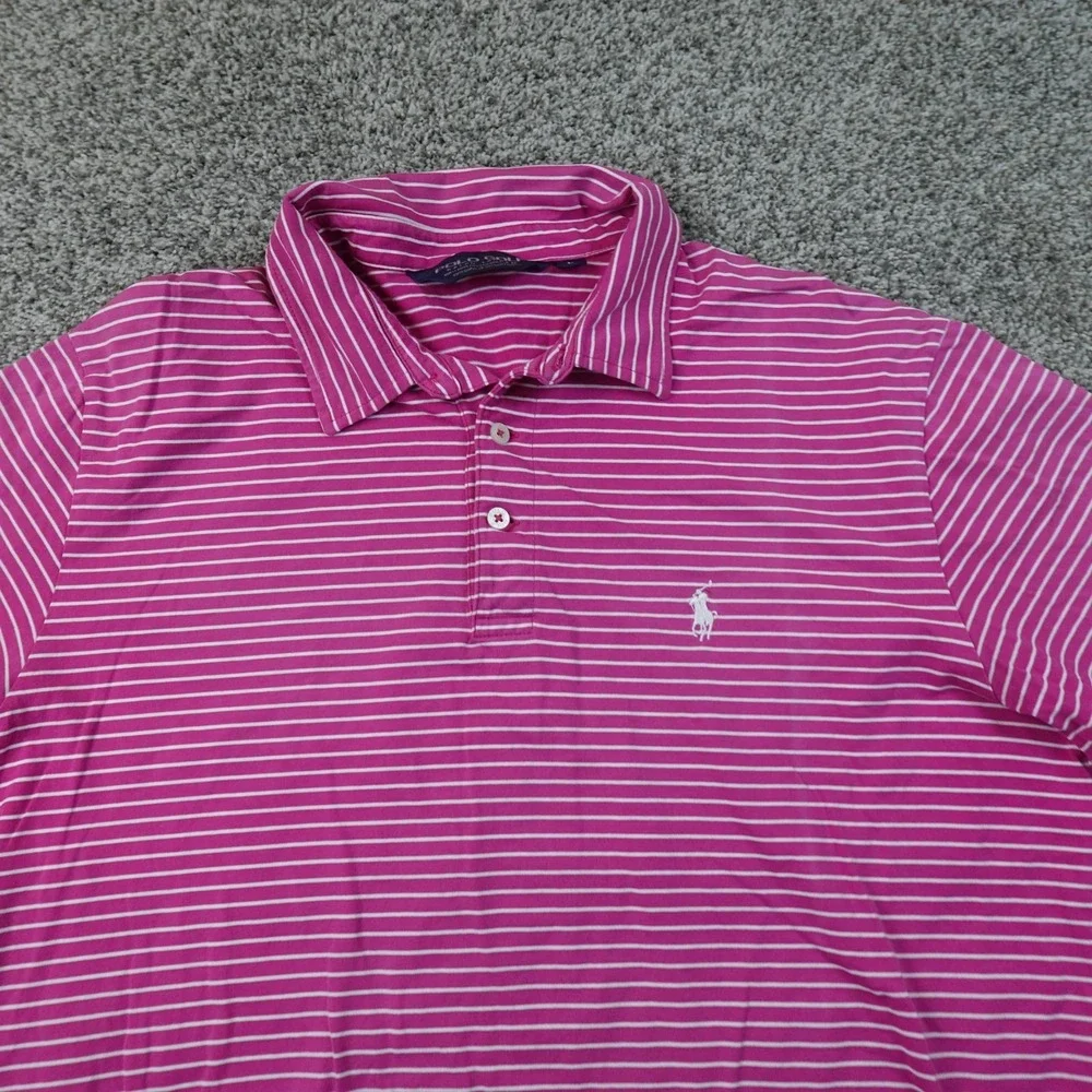 VTG Ralph Lauren Polo Shirt Mens L Pink White Stripe Pima Cotton Pony Logo Top